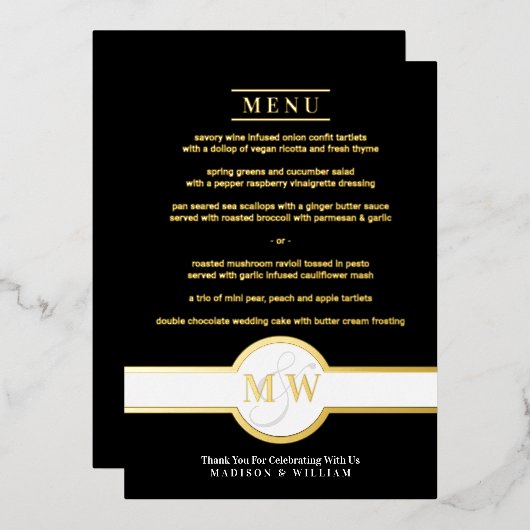 Luxe Monogram Modernes elegantes Menü Schwarz und  Folieneinladung (Vorderseite/Rückseite)