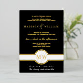 Luxe Monogram Modernes Hochzeitschwarz und Gold Fo Folieneinladung (Stehend vorne)
