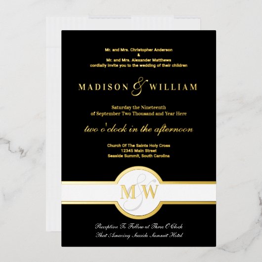 Luxe Monogram Modernes Hochzeitschwarz und Gold Fo Folieneinladung (Briefumschlag)