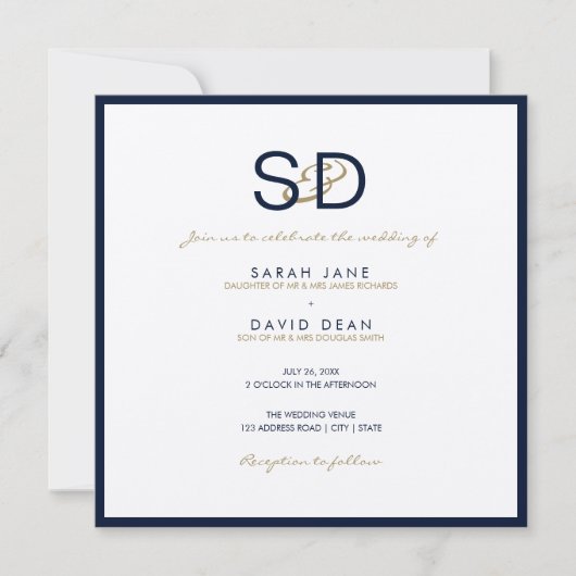 LUXE Monogram Navy Blue & White Weditation Einladu Einladung (Vorderseite)