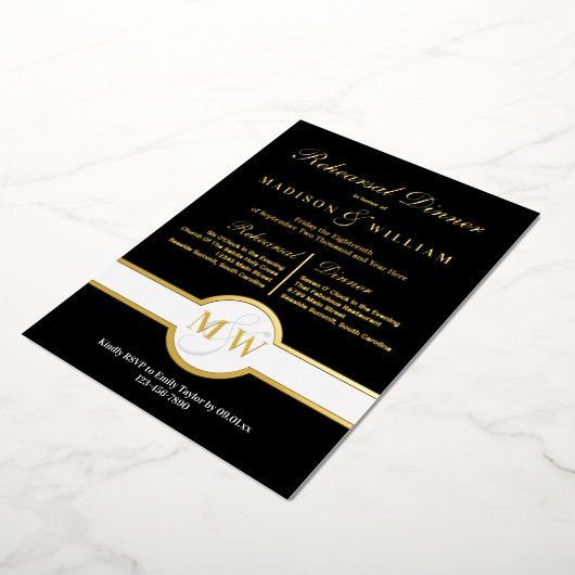 Luxe Monogram Probe Dinner Black and Gold Folieneinladung (Gedreht)