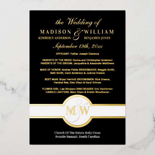 Luxe Monogram Wedding Program Black and Gold Folieneinladung (Vorderseite)