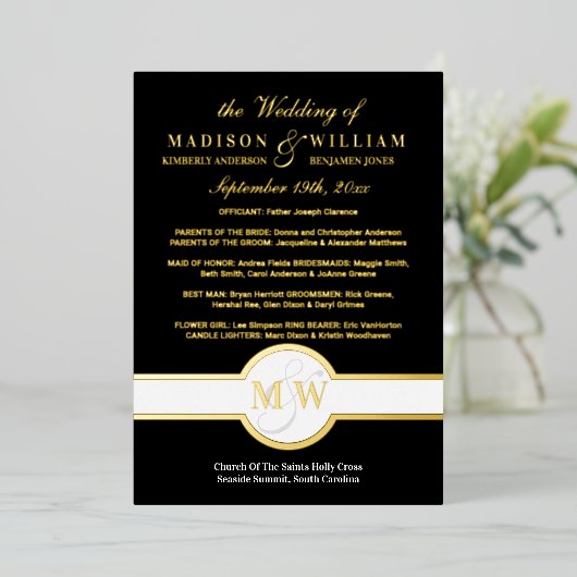 Luxe Monogram Wedding Program Black and Gold Folieneinladung (Stehend vorne)