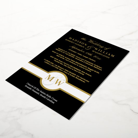 Luxe Monogram Wedding Program Black and Gold Folieneinladung (Gedreht)