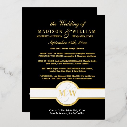 Luxe Monogram Wedding Program Black and Gold Folieneinladung (Vorderseite/Rückseite)