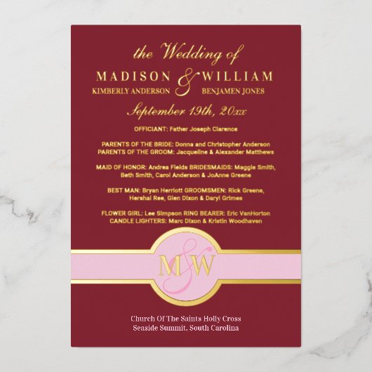Luxe Monogram Wedding Program Burgundy Gold Folieneinladung (Vorderseite)