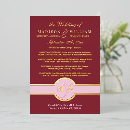 Luxe Monogram Wedding Program Burgundy Gold Folieneinladung (Stehend vorne)