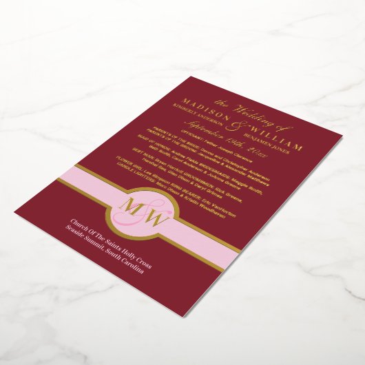 Luxe Monogram Wedding Program Burgundy Gold Folieneinladung (Gedreht)