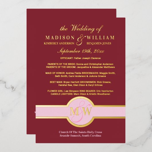 Luxe Monogram Wedding Program Burgundy Gold Folieneinladung (Vorderseite/Rückseite)