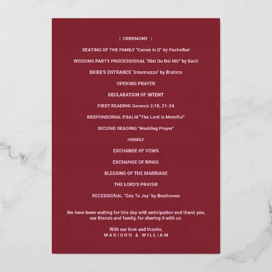 Luxe Monogram Wedding Program Burgundy Gold Folieneinladung (Rückseite)