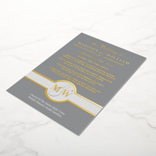 Luxe Monogram Wedding Program Grau and Gold Folieneinladung (Gedreht)