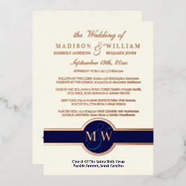 Luxe Monogram Wedding Program Navy Rose Gold Folieneinladung
