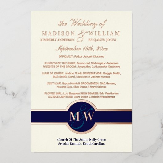 Luxe Monogram Wedding Program Navy Rose Gold Folieneinladung (Vorderseite)