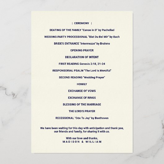 Luxe Monogram Wedding Program Navy Rose Gold Folieneinladung (Rückseite)