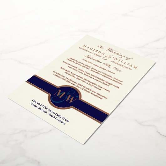 Luxe Monogram Wedding Program Navy Rose Gold Folieneinladung (Gedreht)