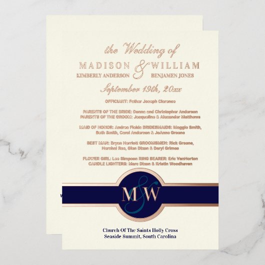 Luxe Monogram Wedding Program Navy Rose Gold Folieneinladung (Vorderseite/Rückseite)