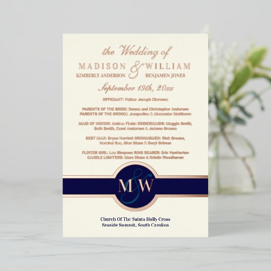 Luxe Monogram Wedding Program Navy Rose Gold Folieneinladung (Stehend vorne)