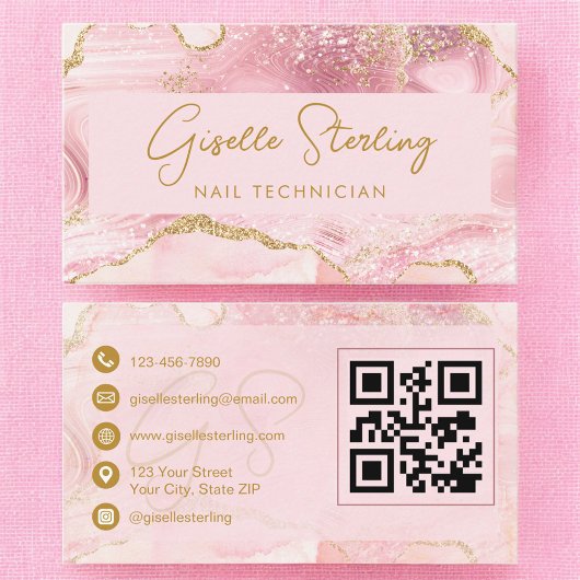 Luxe Nail Technician Blush Pink Gold Agate QR Code Visitenkarte