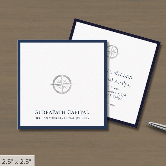 Luxe Navy Blue Border Silver Logo Quadratische Visitenkarte