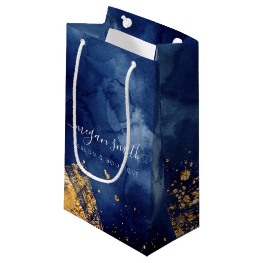 Luxe Navy Blue Gold Shopping Bag Geschenktasche Kleine Geschenktüte (Vorderseite Schrägansicht)