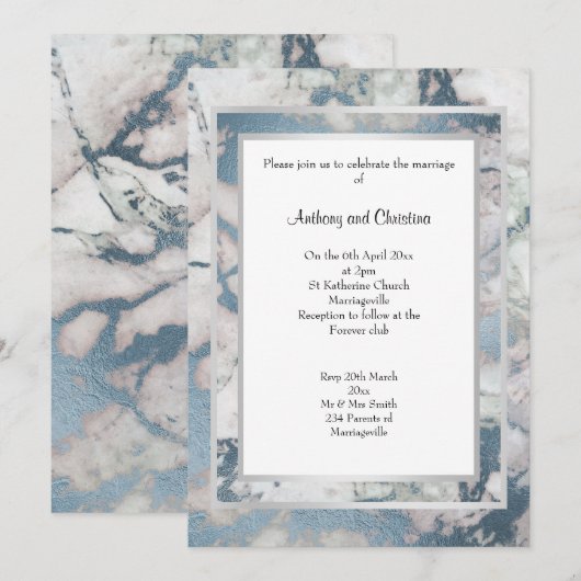 LUXE NAVY BLUE SILVER MARBLE WEDING INVITATION EINLADUNG (Vorne/Hinten)