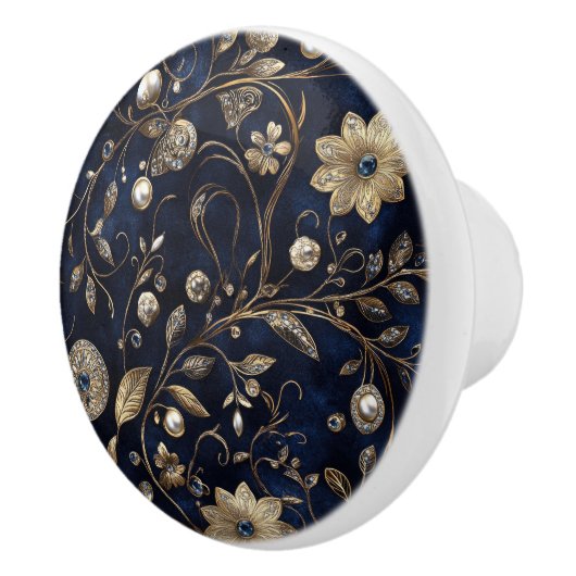 Luxe Navy Gold Blumenmuster Keramikknauf (Rechts)
