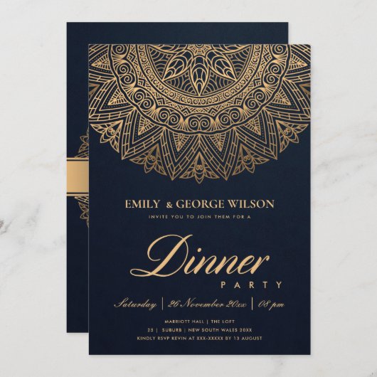 LUXE NAVY GOLD CLASSIC VERZIERT MANDALA DINNER PAR EINLADUNG (Vorne/Hinten)