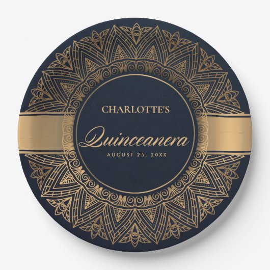 LUXE NAVY GOLD CLASSIC VERZIERT MANDALA QUINCEANER PAPPTELLER (Vorderseite)