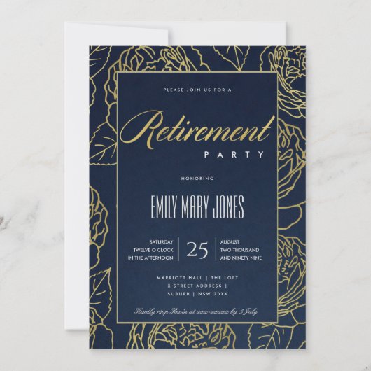 LUXE NAVY GOLD ELEGANT ROSE FLORAL RETIREMENT EINLADUNG (Vorderseite)
