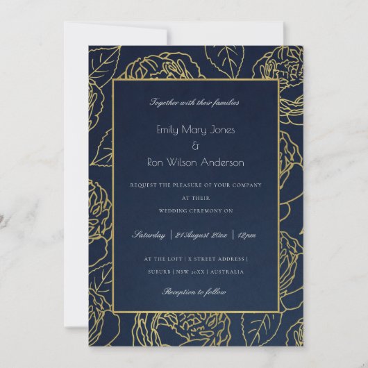 LUXE NAVY GOLD KRAFT ELEGANT ROSE FLORAL WEDDING EINLADUNG (Vorderseite)