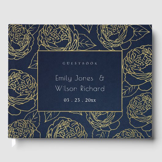 LUXE NAVY GOLD KRAFT ELEGANTE ROSE BLUMENWEDD GÄSTEBUCH (Vorderseite)