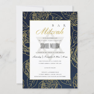 LUXE NAVY GOLD ROSE FLORAL BAT BAR MITZVAH EINLADE DANKESKARTE