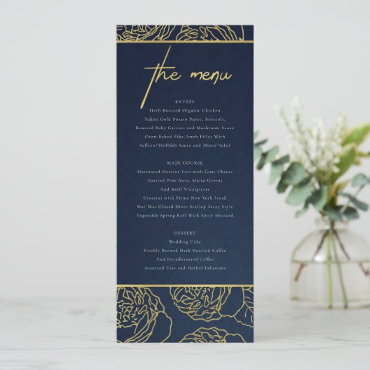 LUXE NAVY IMITATS GOLD KRAFT ELEGANT ROSE FLORAL M MENÜKARTE (Stehend Vorderseite)