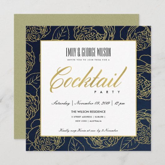LUXE NAVY IMITATS GOLD ROSE FLORAL COCKTAIL PARTY EINLADUNG (Vorne/Hinten)