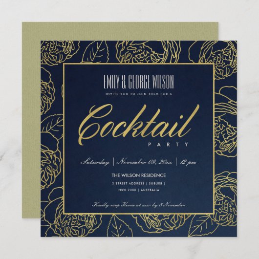 LUXE NAVY IMITATS GOLD ROSE FLORAL COCKTAIL PARTY EINLADUNG (Vorne/Hinten)