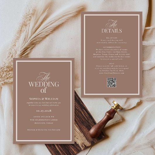 Luxe Neutral Mocha Taupe | RSVP QR-Code Hochzeit Einladung