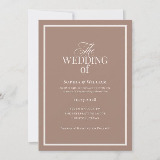 Luxe Neutral Mocha Taupe | RSVP QR Code Wedding Einladung (Vorderseite)