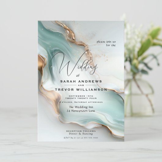 Luxe Opal Aquamarin Gold Fluid Alcohol Ink Einladung (Stehend Vorderseite)