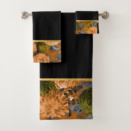 LUXE ORANGE SCHWARZE GOLD ROSE PRINT BADEZIMMER BADHANDTUCH SET (Insitu)