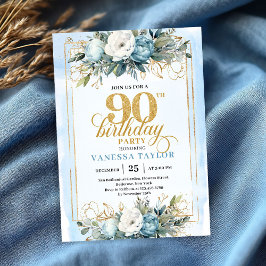 Luxe pale blue gold detailing 90th birthday invite einladung