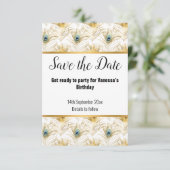 LUXE PEACOCK FEATHER GOLD SAVE THE DATE RSVP KARTE (Stehend Vorderseite)