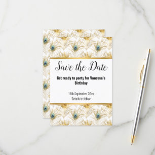 LUXE PEACOCK FEATHER GOLD SAVE THE DATE RSVP KARTE