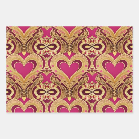 Luxe Pink Gold Hearts Valentine Wrapping Paper Geschenkpapier Set (Vorderseite)