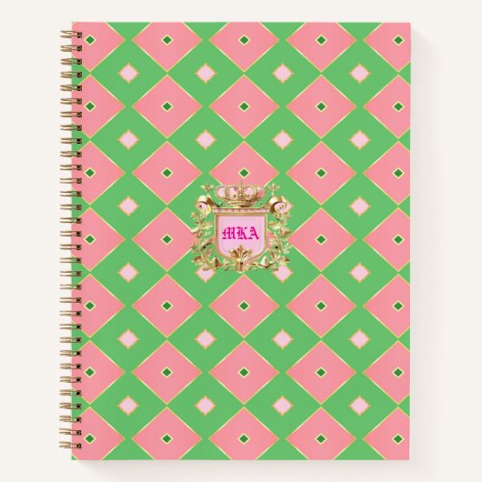 Luxe Pink & Green Harlequin Crest Monogram Notizblock (Vorderseite)