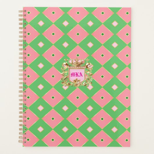 Luxe Pink & Green Harlequin Monogram Planner Planer (Vorderseite)