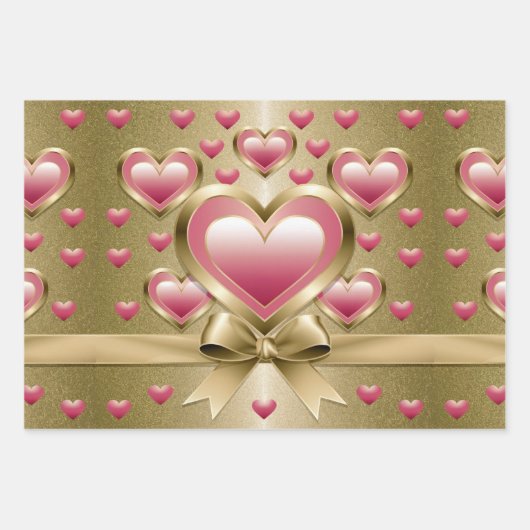 Luxe Pink Hearts Gold Glitzer Ribbon Bow Wrapping Geschenkpapier Set (Vorderseite)