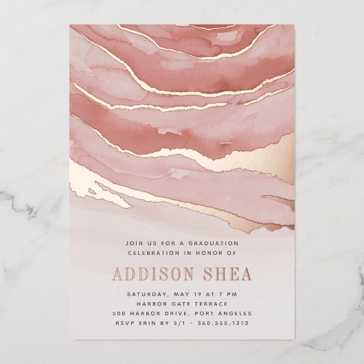 Luxe Pink Marble Graduation Party Folieneinladung (Vorderseite)
