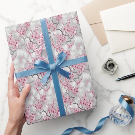 Luxe Pink und Silvery Cherry Blüten Geschenkpapier (Schenken)