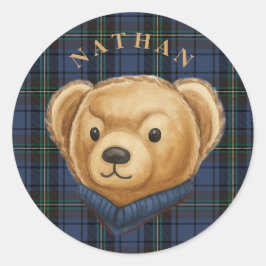 Luxe Preppy Karo Teddybär Kopf Runder Aufkleber