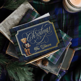 Luxe Preppy Plaid Christmas Teddy Bear Photo Card Folien Feiertagskarte